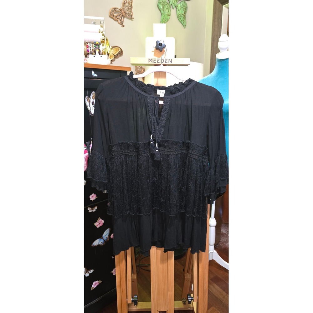 POL Black Lace Tiered Boho Peasant Blouse Tassel Tie Bell Sleeve Top Small